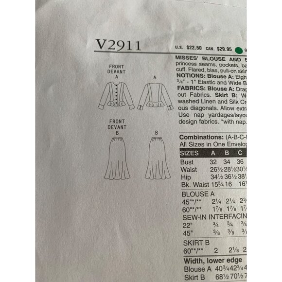 Vogue Misses Blouse Top Skirt Sewing Pattern V2911 Sz one size - Uncut - Picture 7 of 9